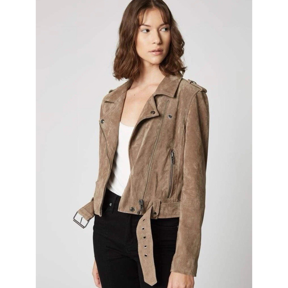 EUC BLANKNYC Cropped Suede Moto Jacket Zip w/ Belt Snap - French Taupe -XS